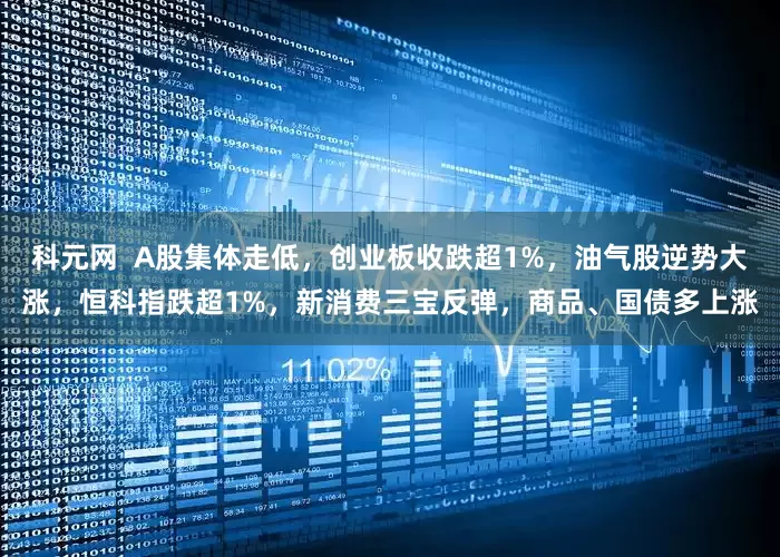 科元网  A股集体走低，创业板收跌超1%，油气股逆势大涨，恒科指跌超1%，新消费三宝反弹，商品、国债多上涨